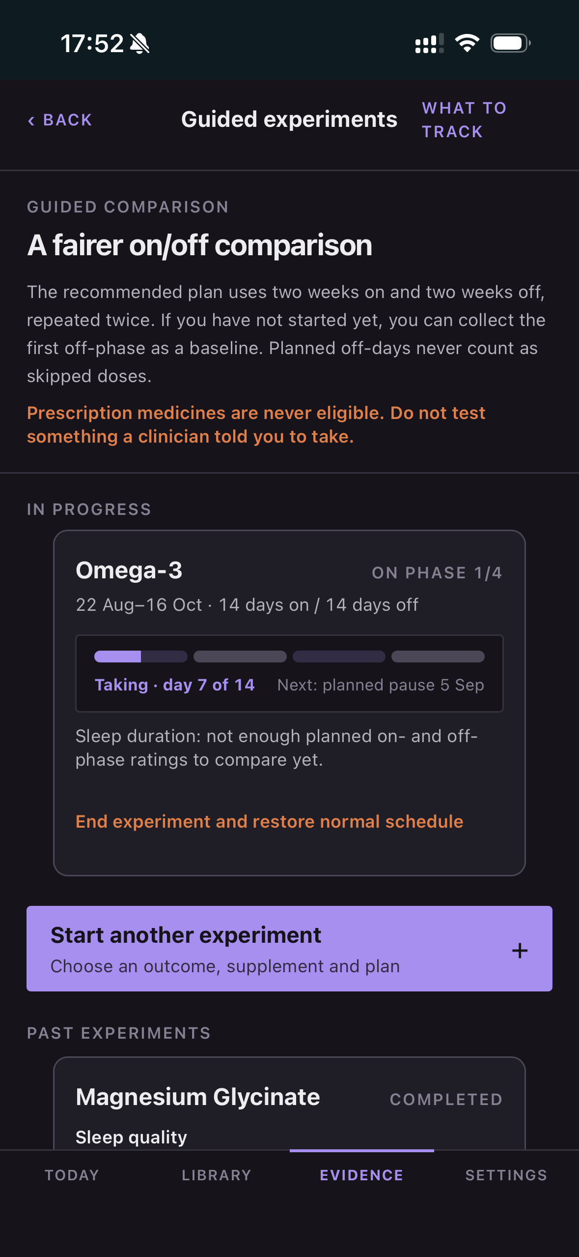 Guided on/off experiments screen in Dosette