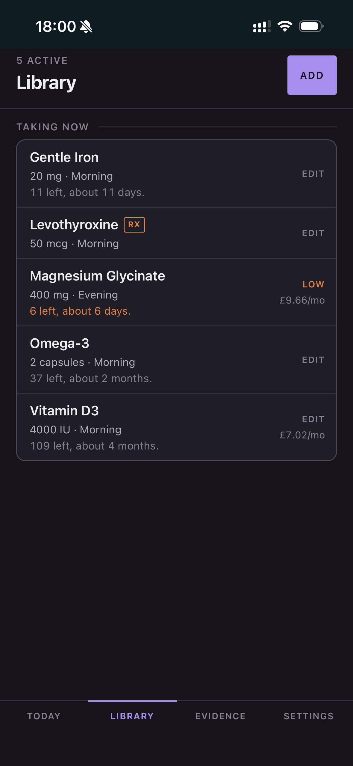 Supplements and medicines screen in Dosette