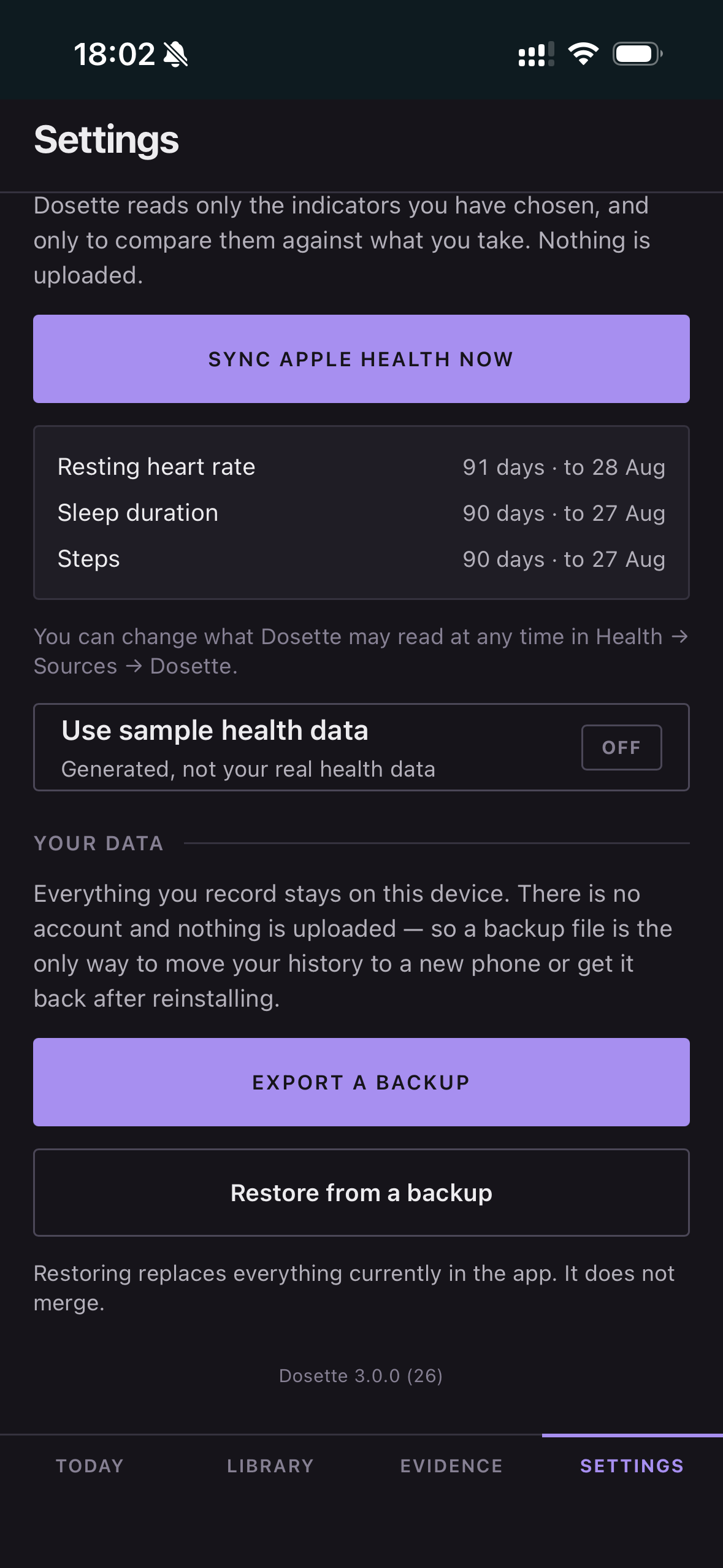 Dosette privacy, Apple Health and backup settings